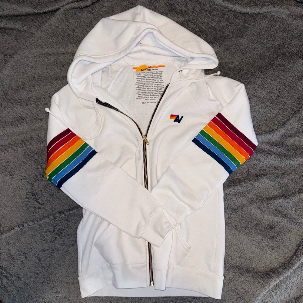 Aviator Nation Medium Sold Out White Zip up Rainbow Stripe